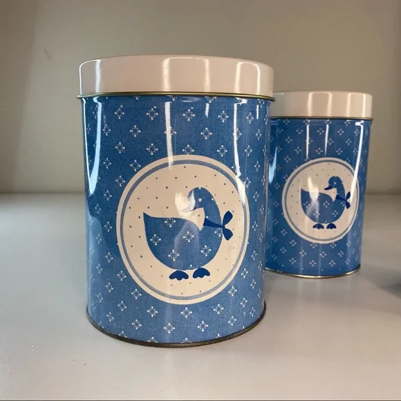 Vintage Country Kitschy Blue White Geese Nesting Tins Storage Canisters - Picture 2 of 6